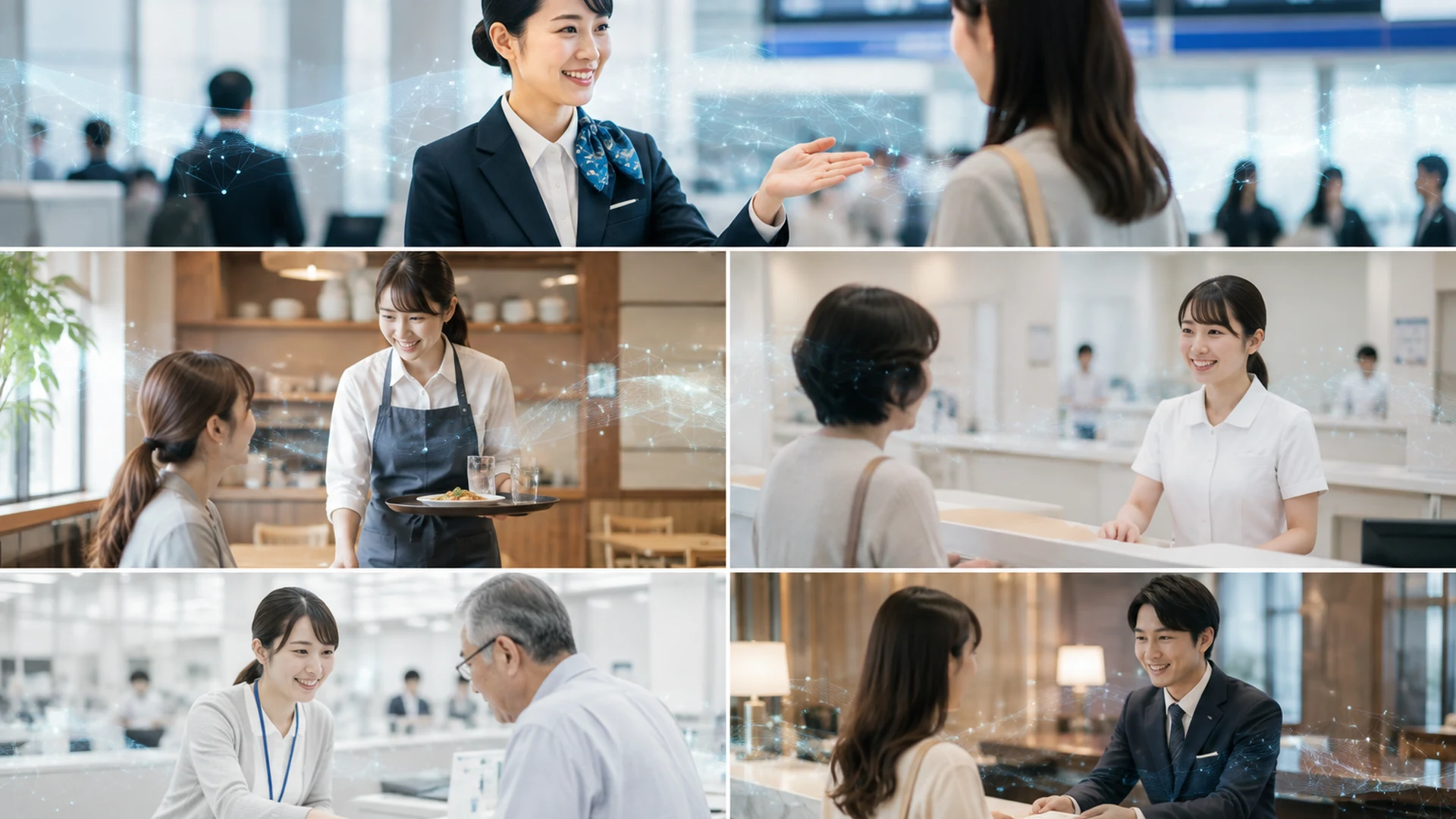 空港、飲食、医療、公共窓口など対面サービスの現場イメージ