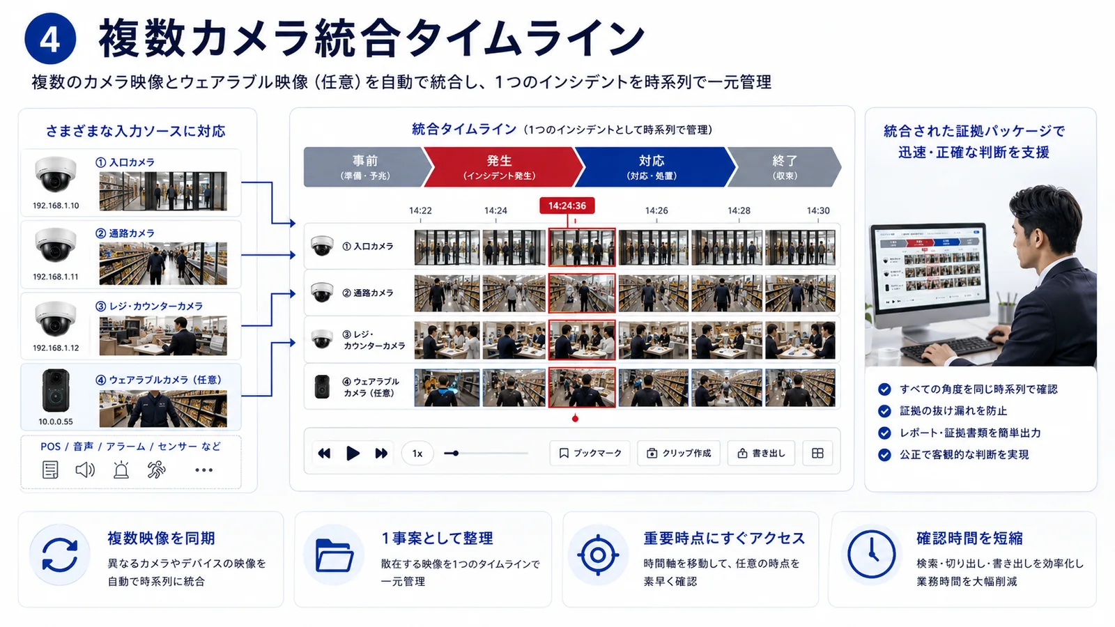 複数のカメラと装着型デバイスの映像を時系列で統合し、一つの事案として管理する構成図
