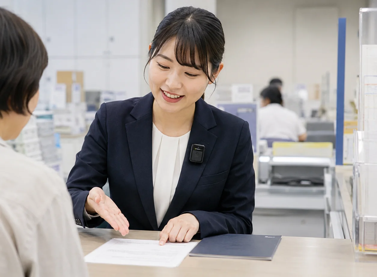 窓口カウンターで胸元に装着型デバイスを付けて応対する職員