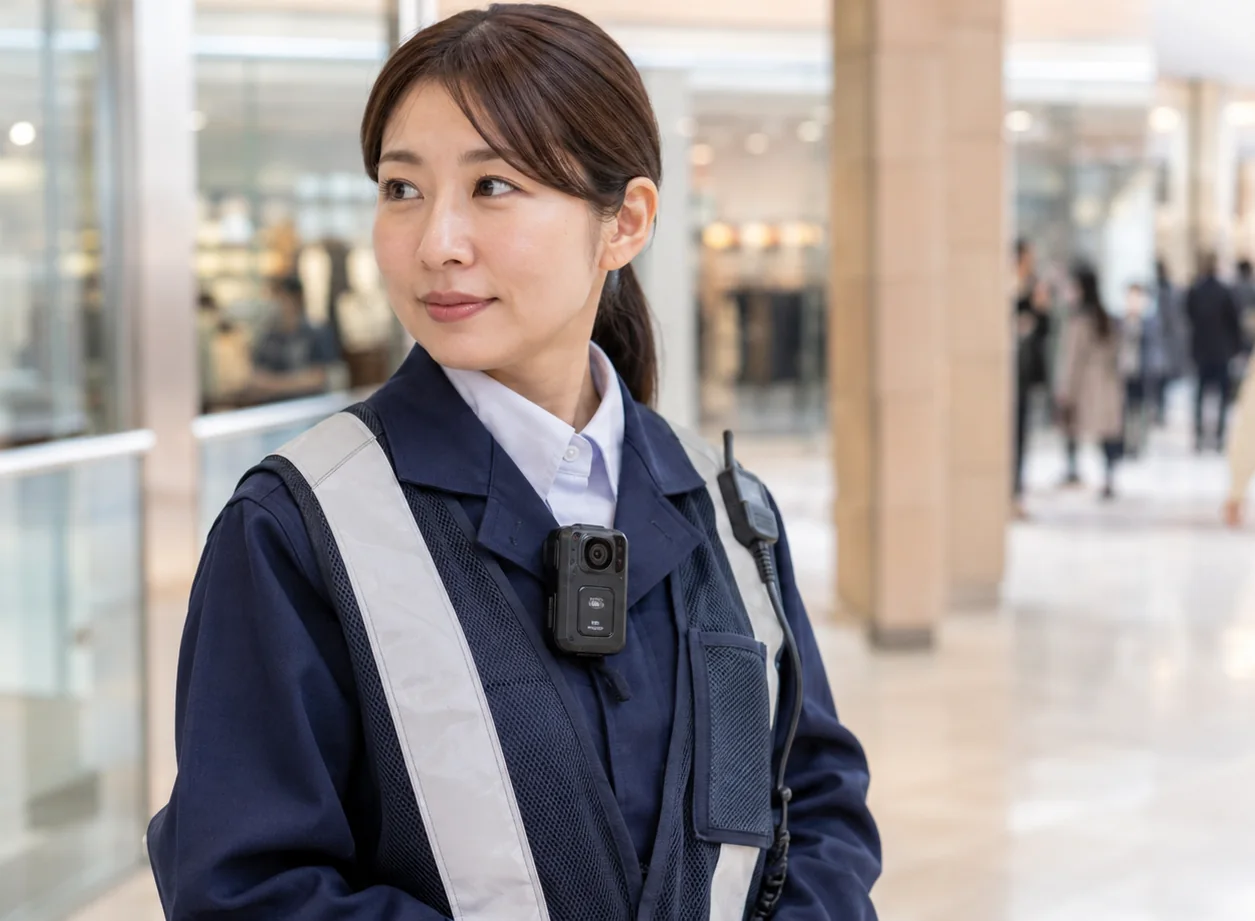 商業施設で警備制服の胸部に装着型カメラを装着したスタッフ