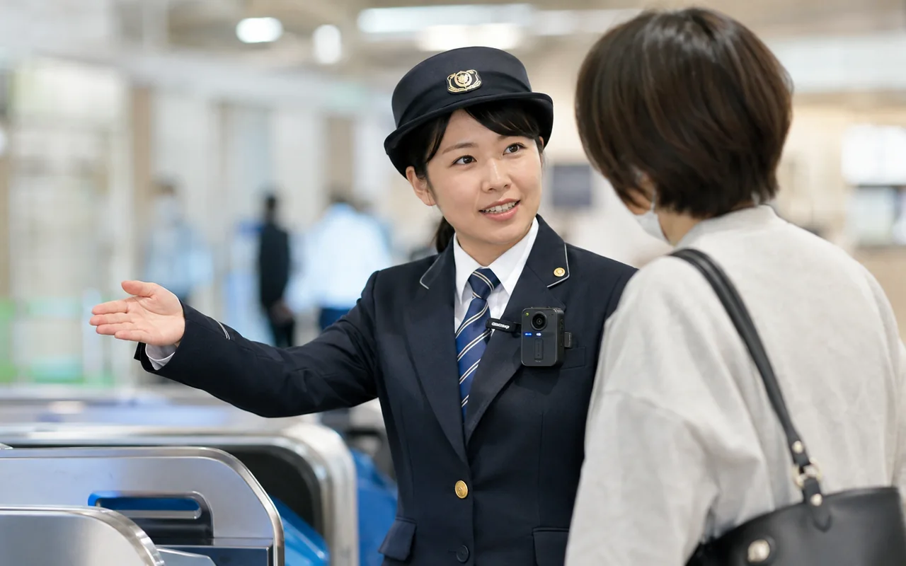 改札口で乗客に案内する駅員