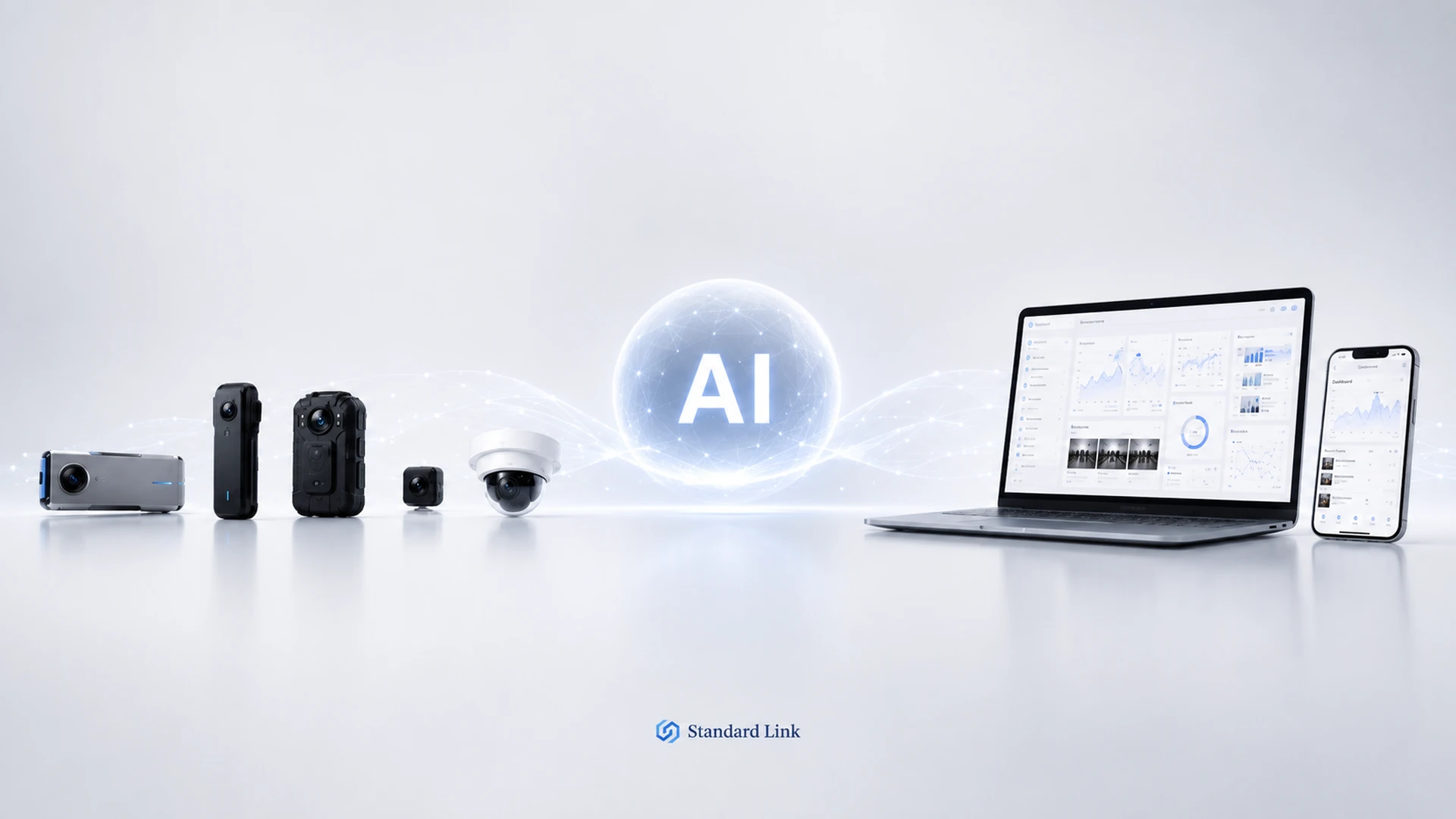 將多部攝影機與裝置連接至 AI 分析平台及管理介面的開發概念圖