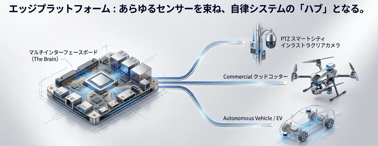 透過多介面邊緣 AI 平台連結 PTZ 攝影機、無人機、自主車輛與電動車的 Physical AI 中樞架構圖