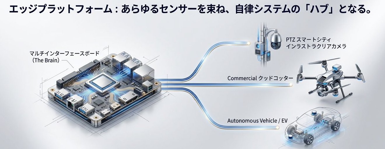 マルチインターフェースEdge AI基盤がPTZカメラ、ドローン、自律車両・EVを接続するPhysical AIハブの構成図