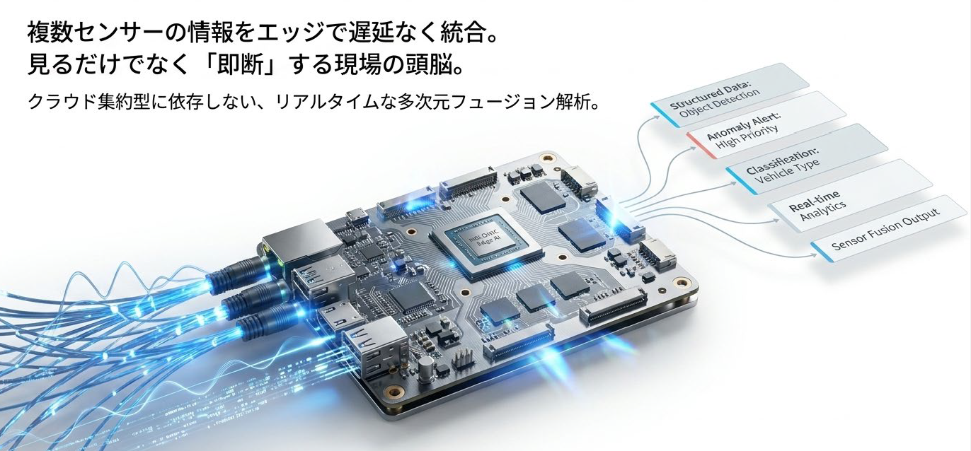 複数センサー情報をEdge AIで低遅延に統合し、物体検知、異常警告、分類、リアルタイム分析、構造化データへ変換する処理イメージ