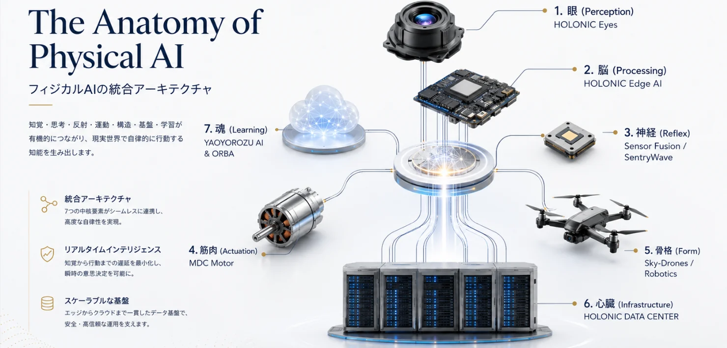 The Anatomy of Physical AI。HOLONIC Eyes、HOLONIC Edge AI、Sensor Fusion、MDC Motor、Sky-Drones、HOLONIC DATA CENTER、YAOYOROZU AIとORBAを統合するPhysical AIアーキテクチャ。